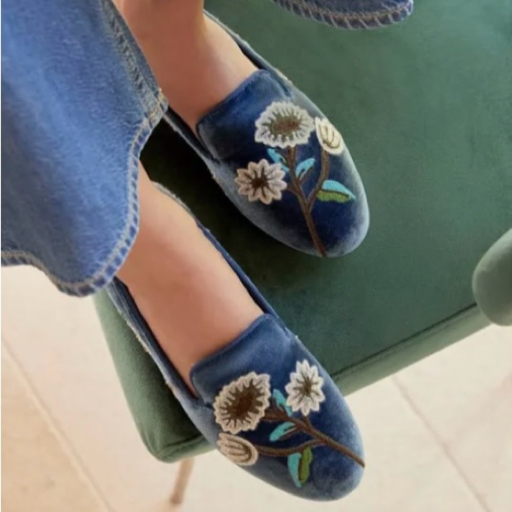 Birdies Blue Velvet Embroidered Floral Flats